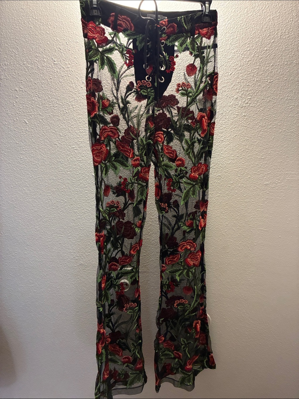 Beginning Boutique Black Sheer lace front Pants with Red Floral Embroidery Small - Picture 2 of 10